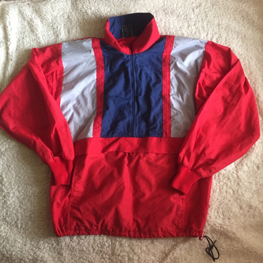 Vintage Red Blue Silver High Neck Windbreaker Collar Jacket